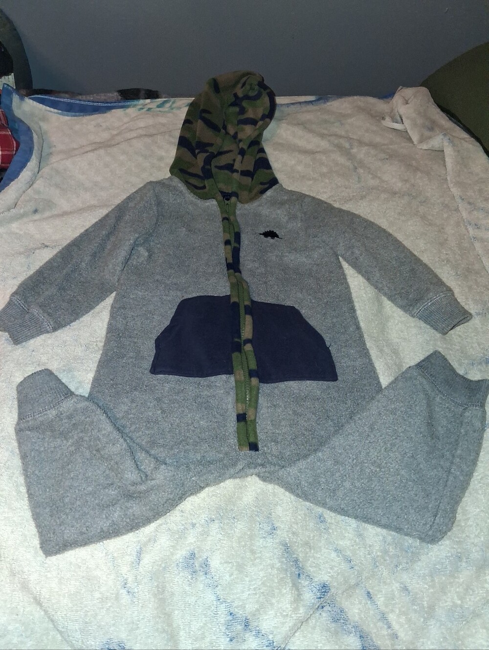 Kids Grey Fleece Hooded Romper with Camo Trim and Navy Pocket